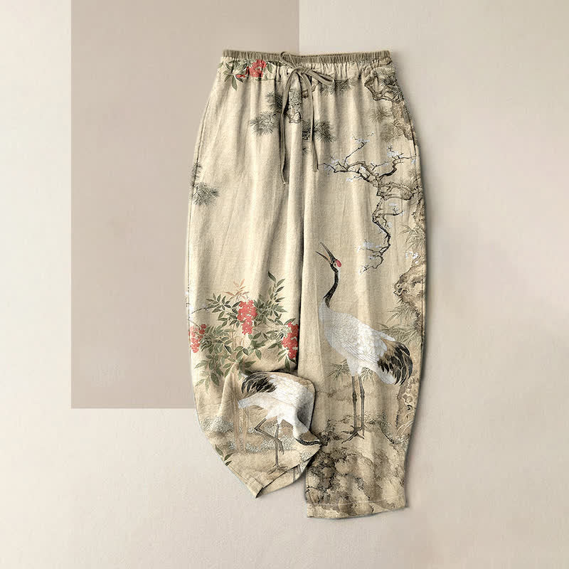 Nimara Ritual Pure Cotton Crane Pine Pattern Women's Elastic Waist Pants With Pockets