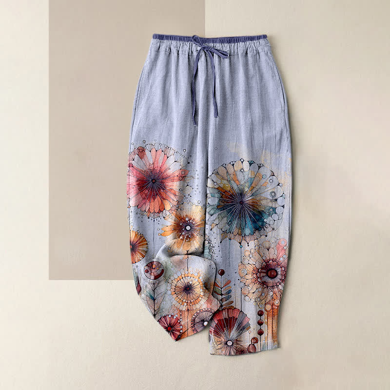 Nimara Ritual Pure Cotton Watercolor Mandala Floral Pattern Women's Elastic Waist Pants With Pockets