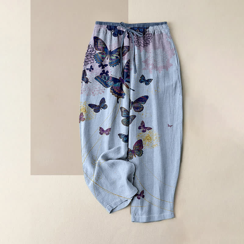 Nimara Ritual Pure Cotton Bohemian Butterfly Floral Pattern Women's Elastic Waist Pants With Pockets