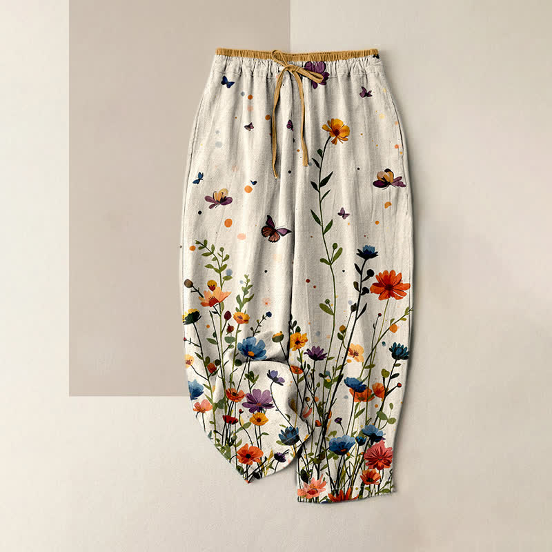 Nimara Ritual Pure Cotton Bohemian Floral Butterfly Pattern Women's Elastic Waist Pants With Pockets