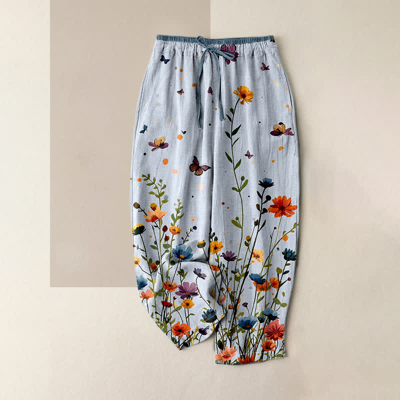 Nimara Ritual Pure Cotton Bohemian Floral Butterfly Pattern Women's Elastic Waist Pants With Pockets