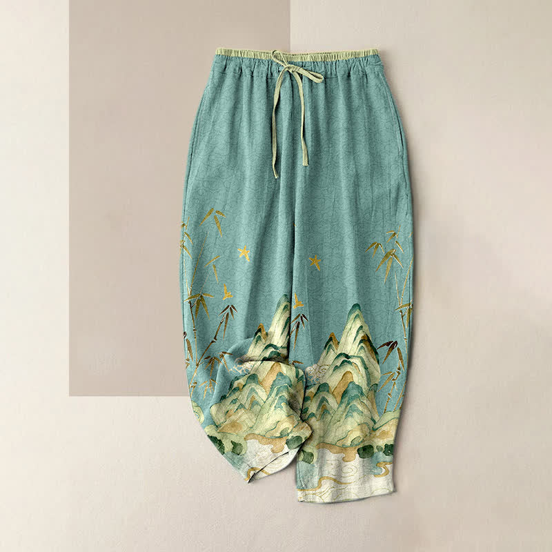 Nimara Ritual Pure Cotton Mountain Bamboo Pattern Women's Elastic Waist Pants With Pockets