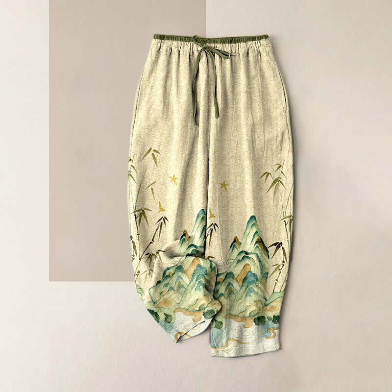 Nimara Ritual Pure Cotton Mountain Bamboo Pattern Women's Elastic Waist Pants With Pockets
