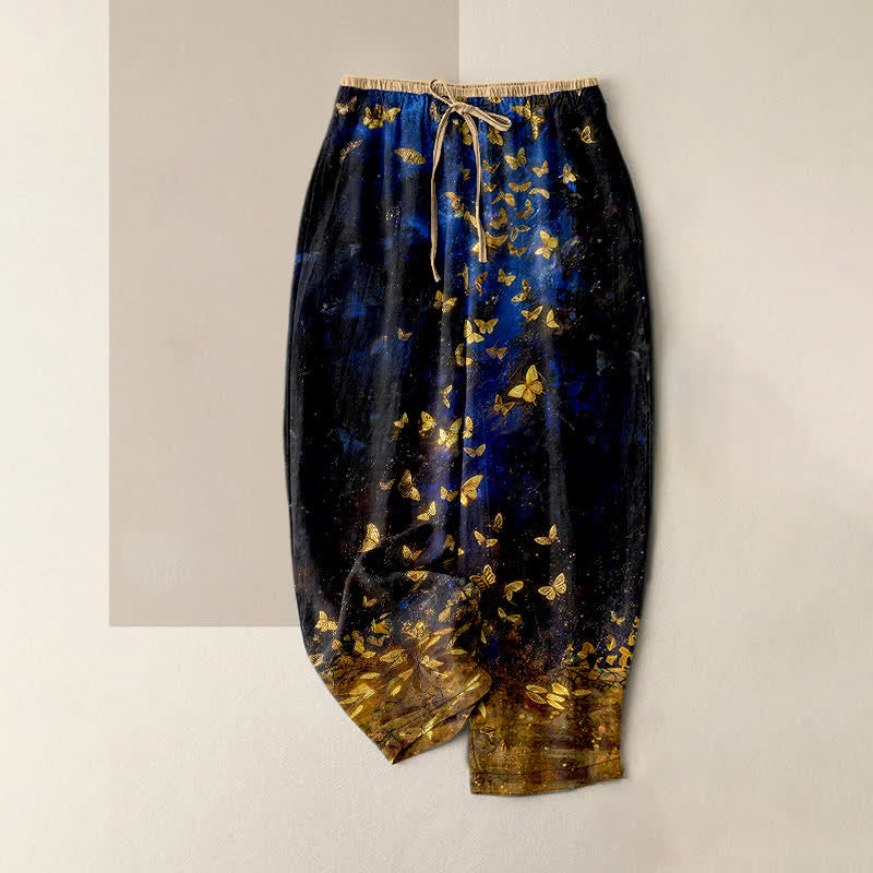 Nimara Ritual Pure Cotton Gold Butterfly Gradient Pattern Women's Elastic Waist Pants With Pockets