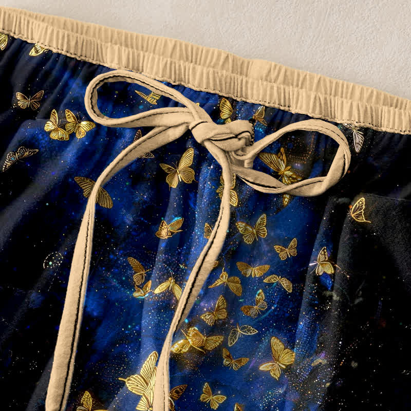 Nimara Ritual Pure Cotton Gold Butterfly Gradient Pattern Women's Elastic Waist Pants With Pockets