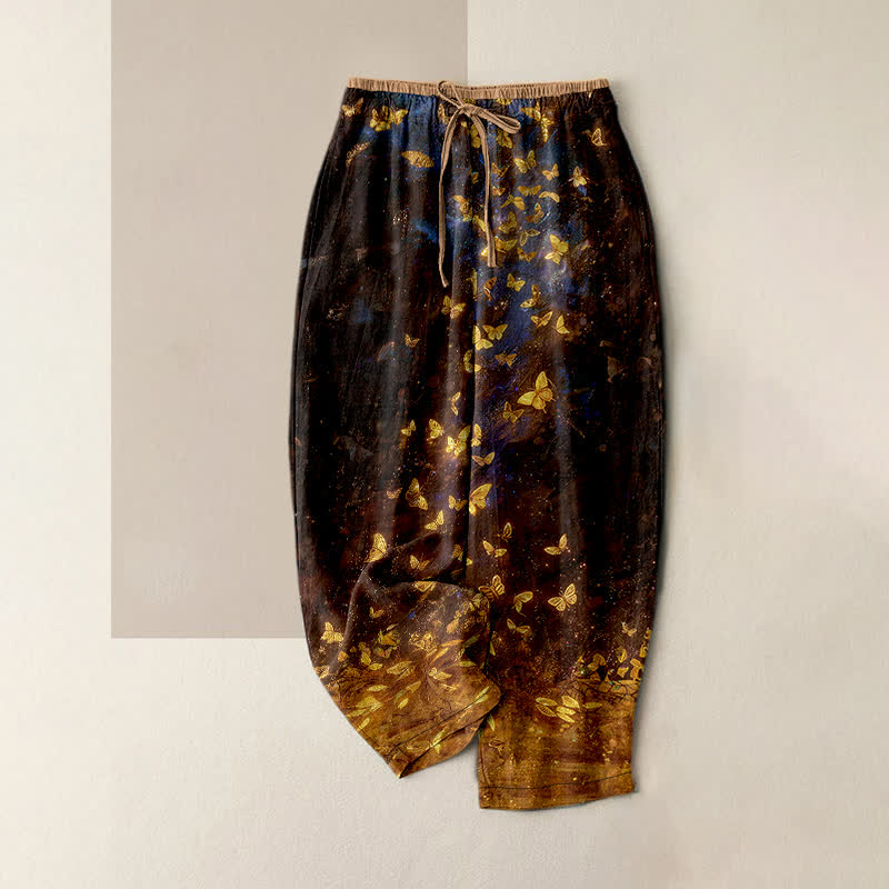 Nimara Ritual Pure Cotton Gold Butterfly Gradient Pattern Women's Elastic Waist Pants With Pockets