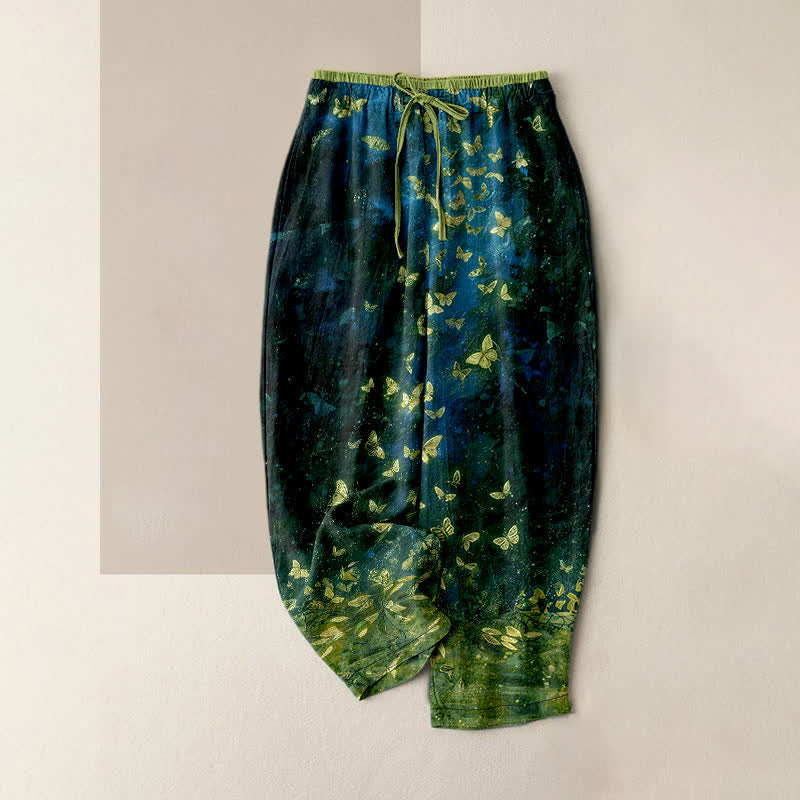 Nimara Ritual Pure Cotton Gold Butterfly Gradient Pattern Women's Elastic Waist Pants With Pockets