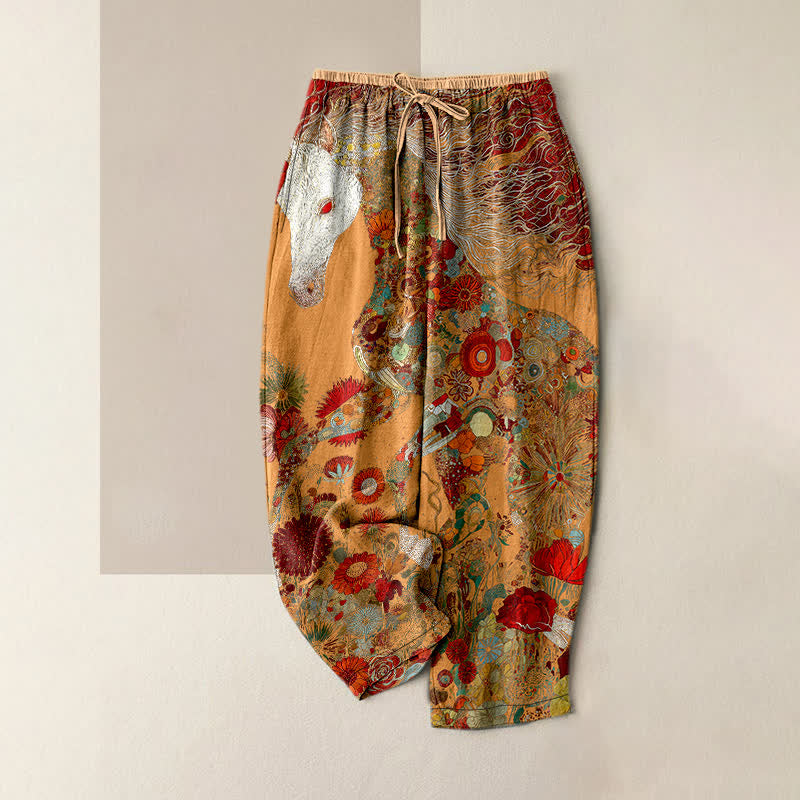 Nimara Ritual Pure Cotton Bohemian Floral Horse Pattern Women's Elastic Waist Pants With Pockets