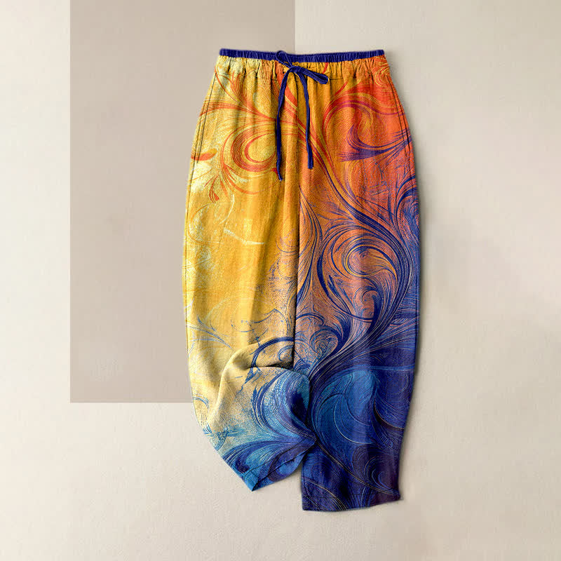 Nimara Ritual Pure Cotton Sunset Swirl Ombre Pattern Women's Elastic Waist Pants With Pockets