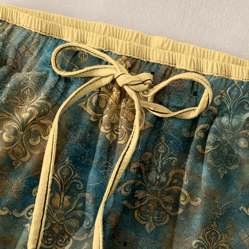 Nimara Ritual Vintage Damask Print Women's Elastic Waist Pants With Pockets