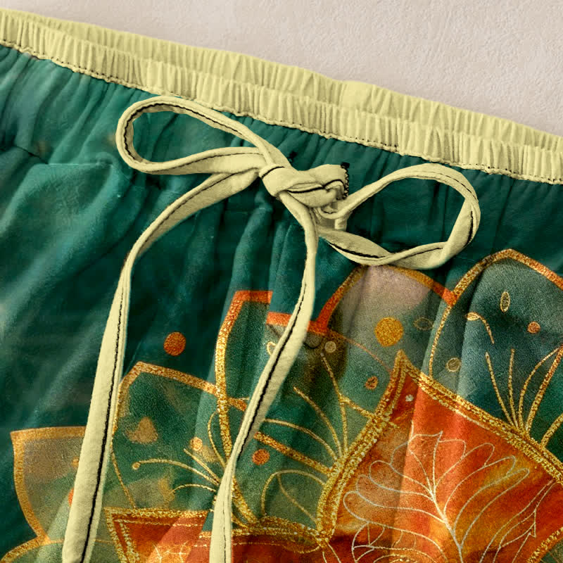 Nimara Ritual Pure Cotton Gold Mandala Pattern Women's Elastic Waist Pants With Pockets