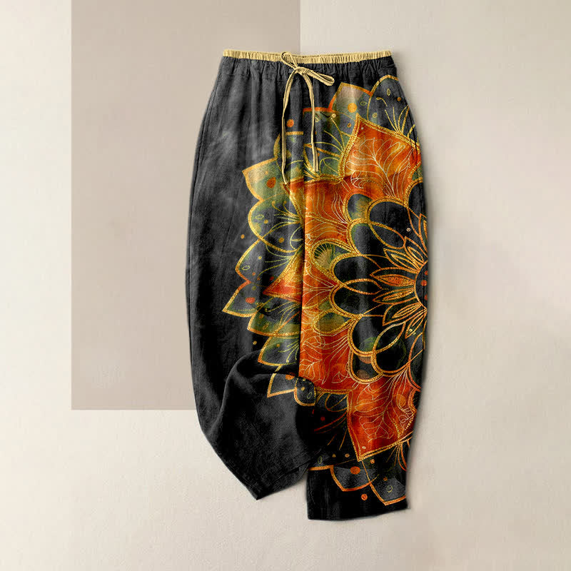 Nimara Ritual Pure Cotton Gold Mandala Pattern Women's Elastic Waist Pants With Pockets