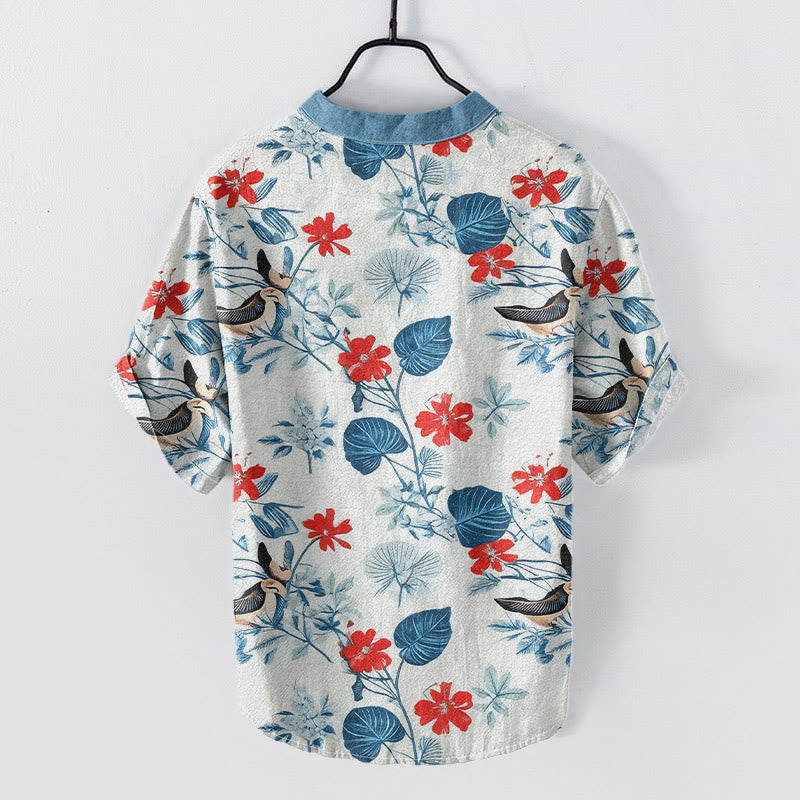Nimara Ritual Cotton Tropical Floral Bird Pattern Men's Short Sleeve Half Button Shirt