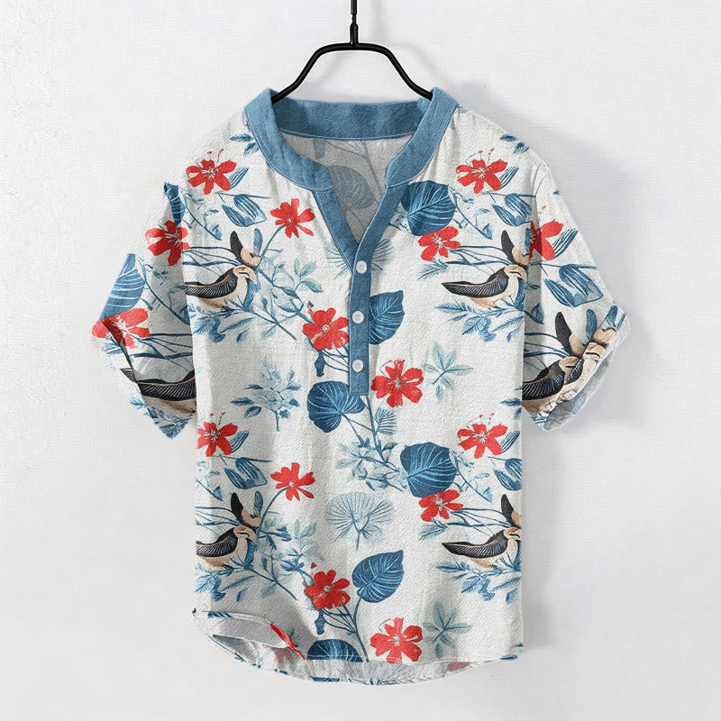 Nimara Ritual Cotton Tropical Floral Bird Pattern Men's Short Sleeve Half Button Shirt