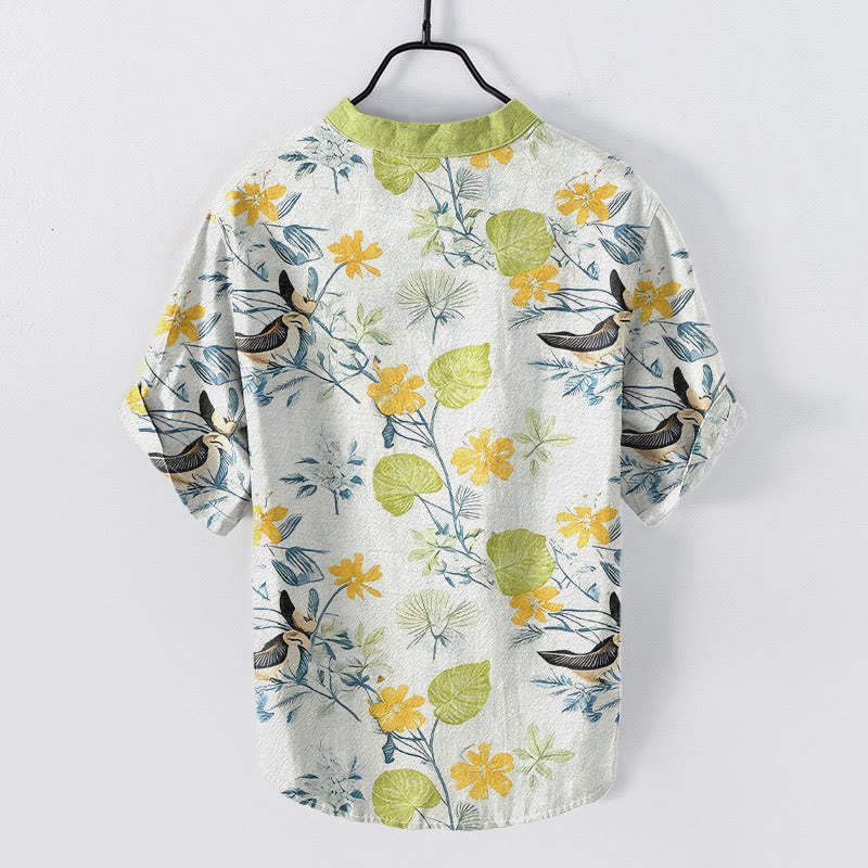 Nimara Ritual Cotton Tropical Floral Bird Pattern Men's Short Sleeve Half Button Shirt