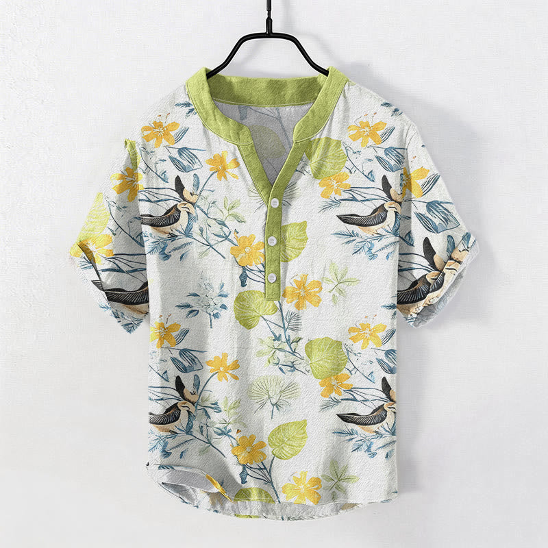 Nimara Ritual Cotton Tropical Floral Bird Pattern Men's Short Sleeve Half Button Shirt