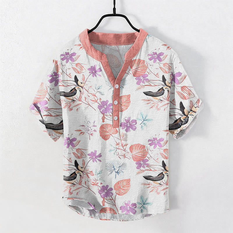 Nimara Ritual Cotton Tropical Floral Bird Pattern Men's Short Sleeve Half Button Shirt