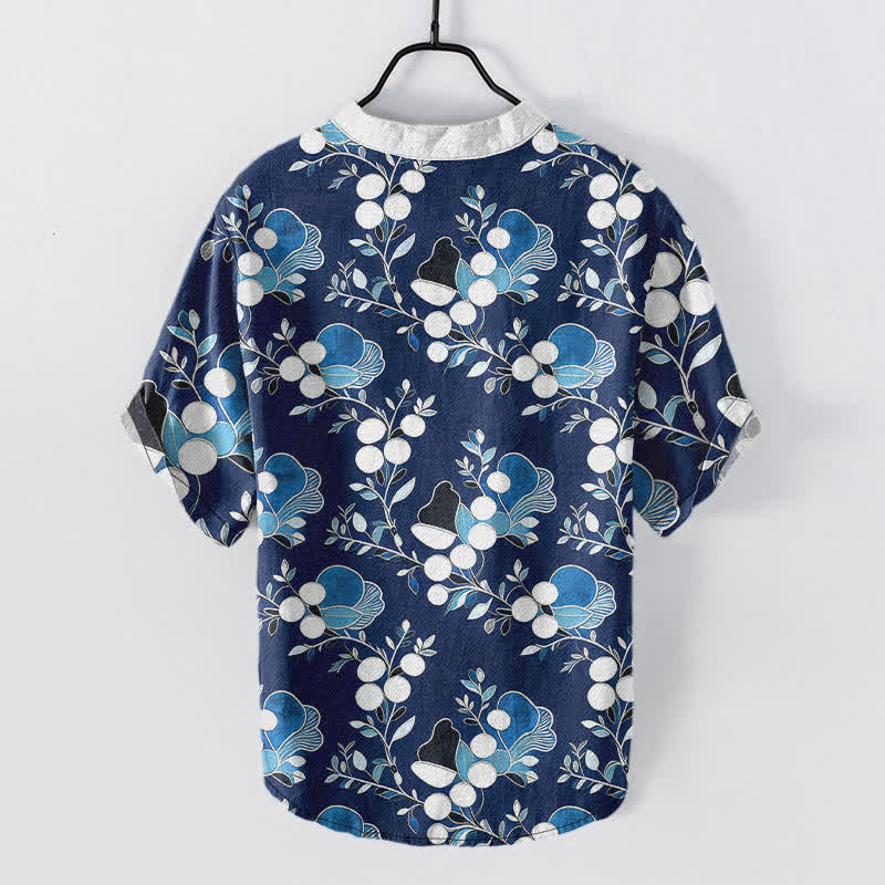 Nimara Ritual Cotton Floral Berry Pattern Men's Short Sleeve Half Button Shirt