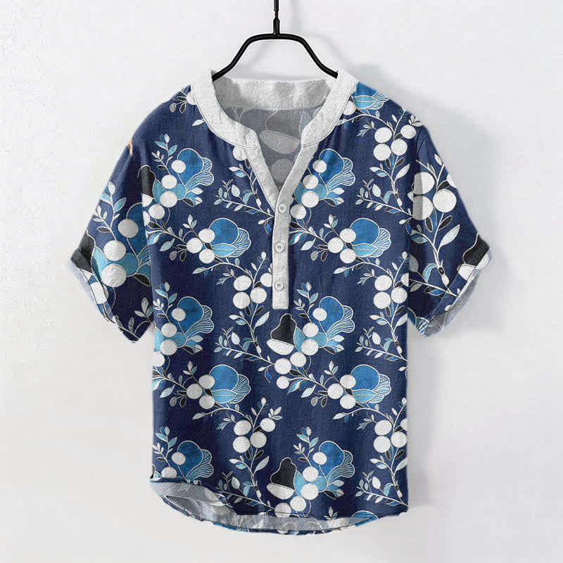 Nimara Ritual Cotton Floral Berry Pattern Men's Short Sleeve Half Button Shirt