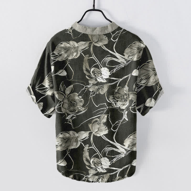 Nimara Ritual Cotton Botanical Floral Leaves Pattern Men's Short Sleeve Half Button Shirt