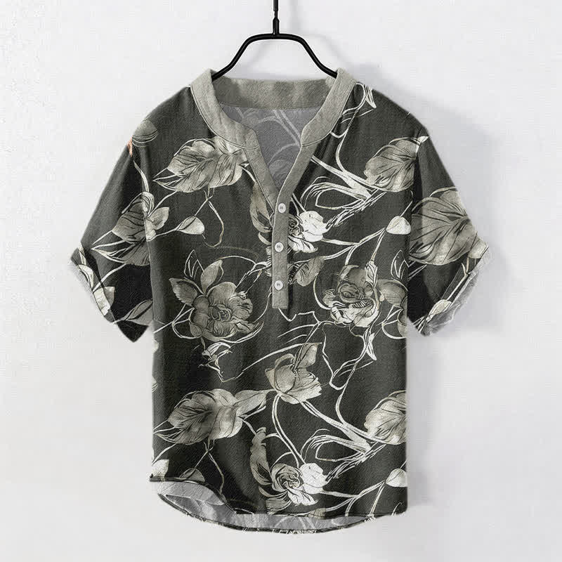 Nimara Ritual Cotton Botanical Floral Leaves Pattern Men's Short Sleeve Half Button Shirt