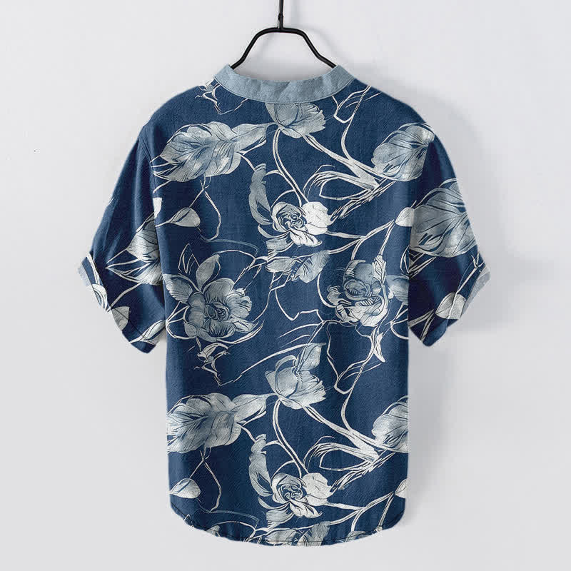 Nimara Ritual Cotton Botanical Floral Leaves Pattern Men's Short Sleeve Half Button Shirt