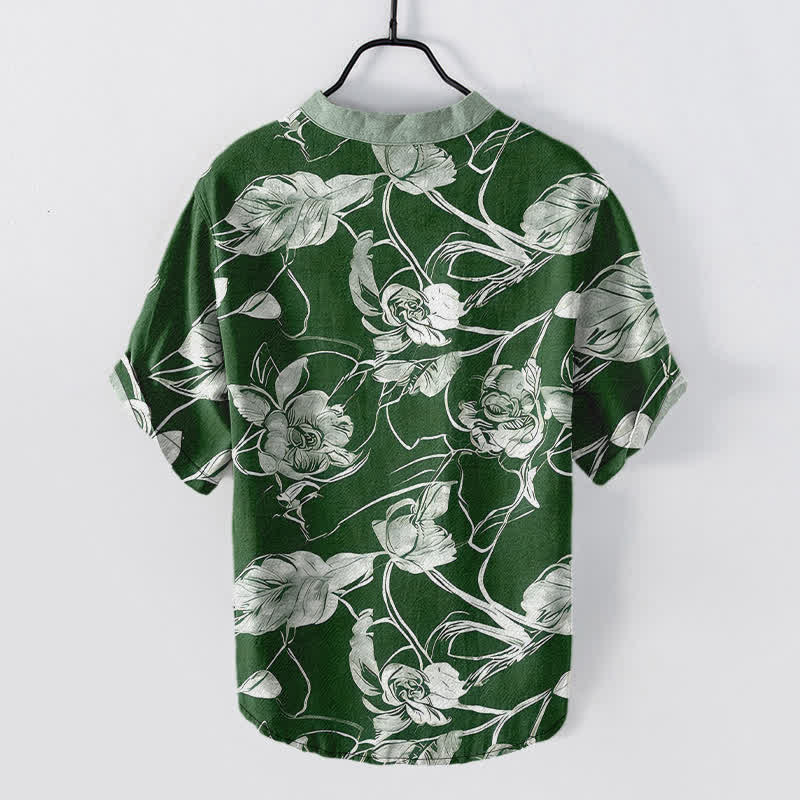 Nimara Ritual Cotton Botanical Floral Leaves Pattern Men's Short Sleeve Half Button Shirt