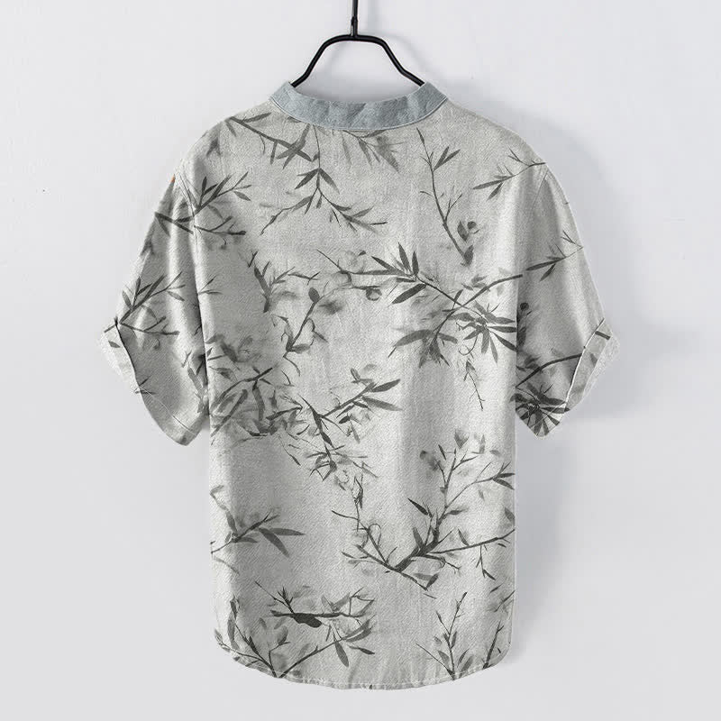 Nimara Ritual Cotton Bamboo Ink Pattern Men's Short Sleeve Half Button Shirt