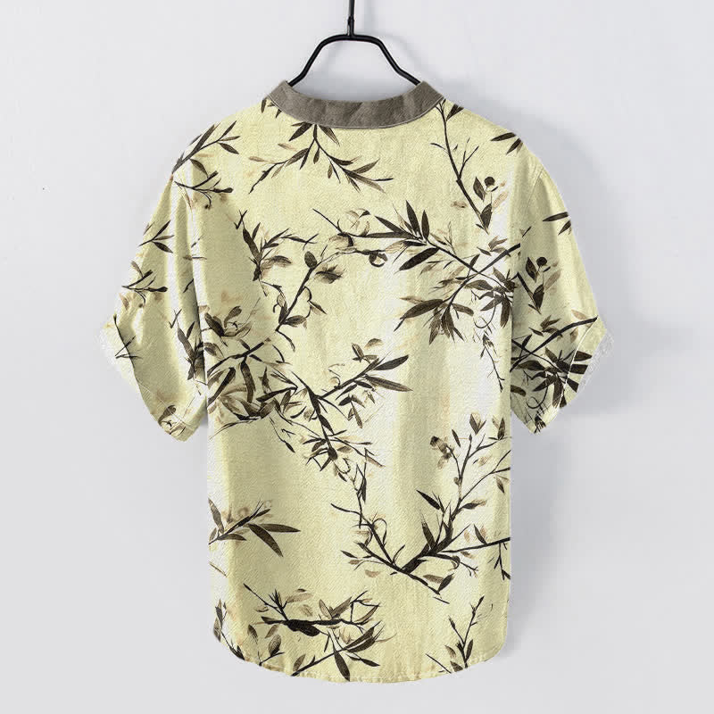 Nimara Ritual Cotton Bamboo Ink Pattern Men's Short Sleeve Half Button Shirt