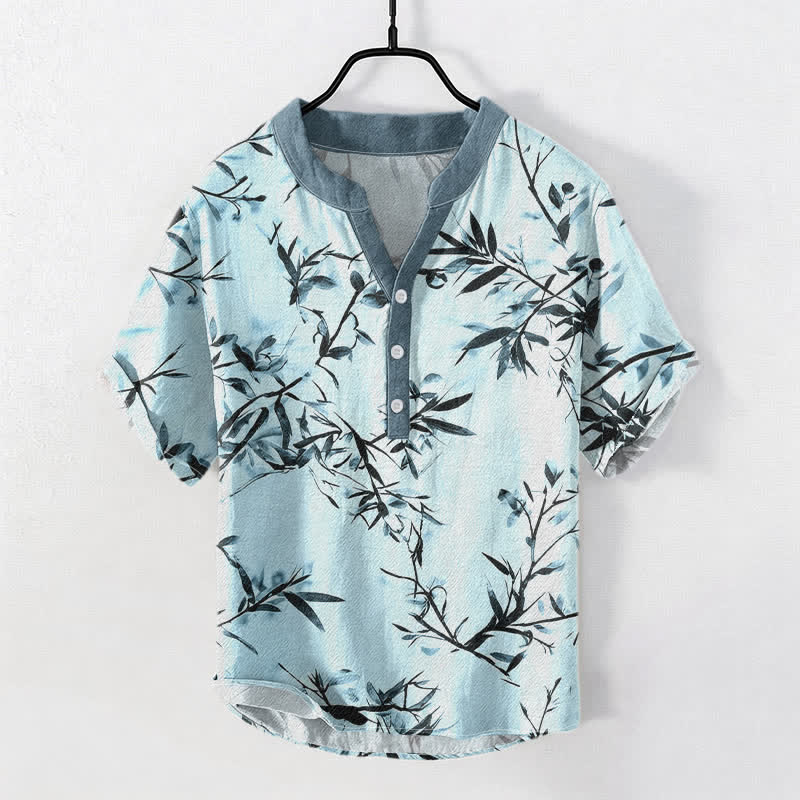 Nimara Ritual Cotton Bamboo Ink Pattern Men's Short Sleeve Half Button Shirt