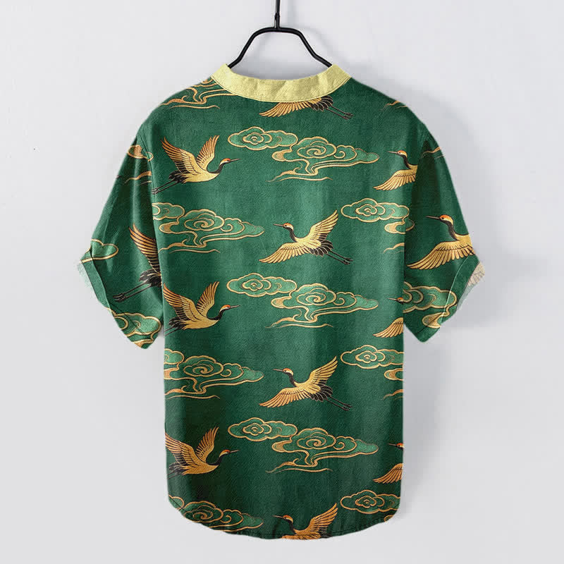Nimara Ritual Cotton Golden Crane Auspicious Clouds Pattern Men's Short Sleeve Half Button Shirt