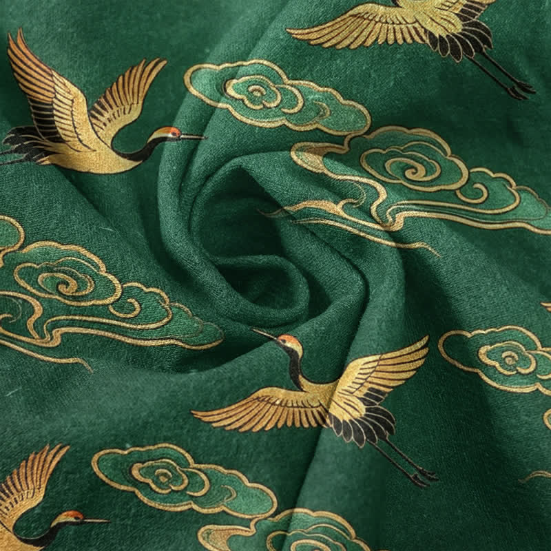 Nimara Ritual Cotton Golden Crane Auspicious Clouds Pattern Men's Short Sleeve Half Button Shirt