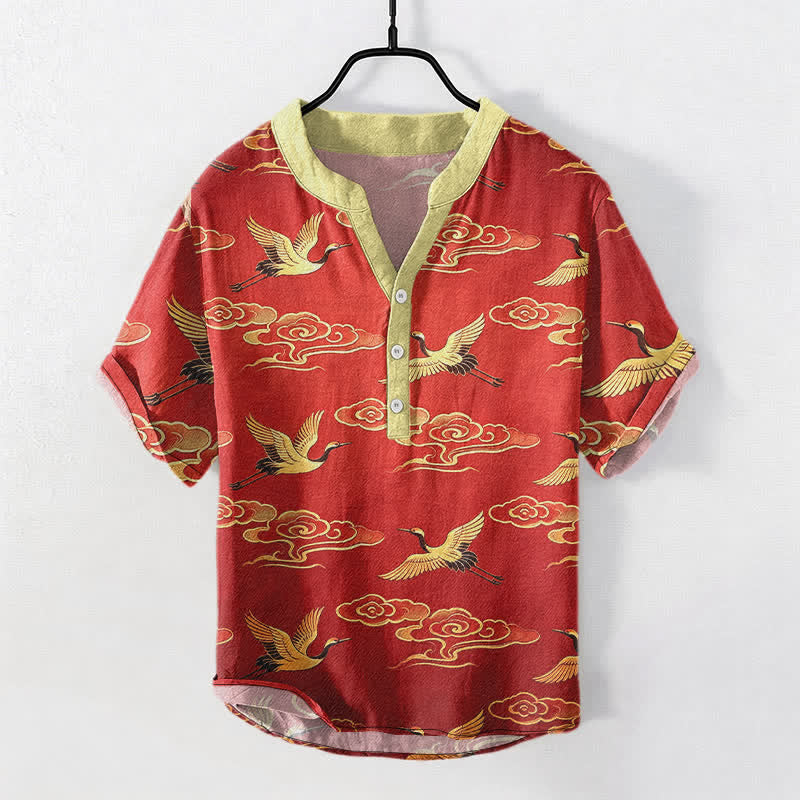 Nimara Ritual Cotton Golden Crane Auspicious Clouds Pattern Men's Short Sleeve Half Button Shirt
