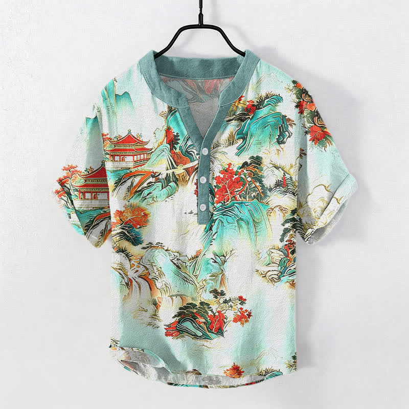 Nimara Ritual Cotton Oriental Landscape Pagodas Mountains Pattern Men's Short Sleeve Half Button Shirt