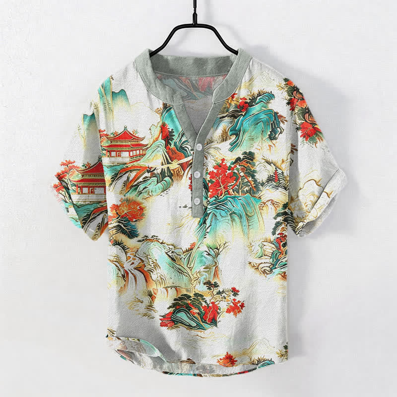 Nimara Ritual Cotton Oriental Landscape Pagodas Mountains Pattern Men's Short Sleeve Half Button Shirt