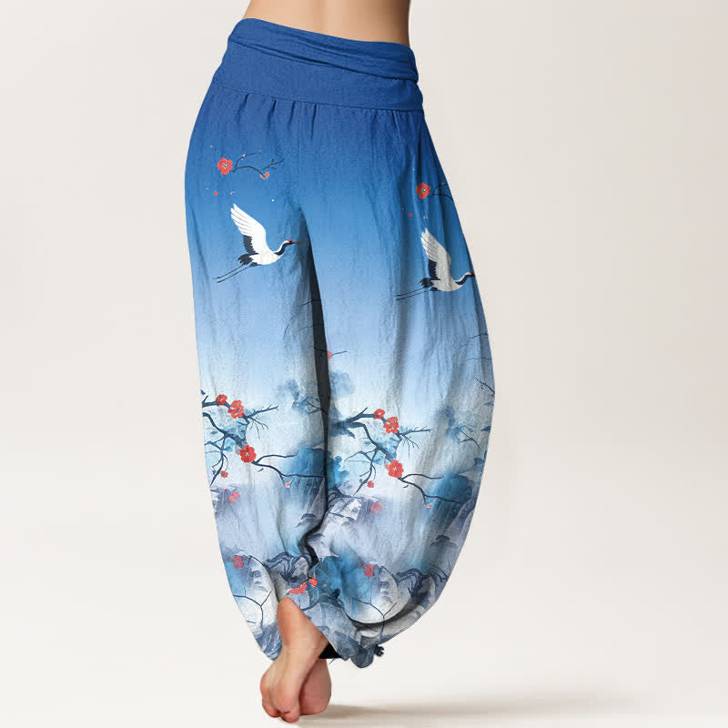 Nimara Ritual Pure Cotton Blue Ombre Crane Blossom Pattern Women's Elastic Waist Harem Pants