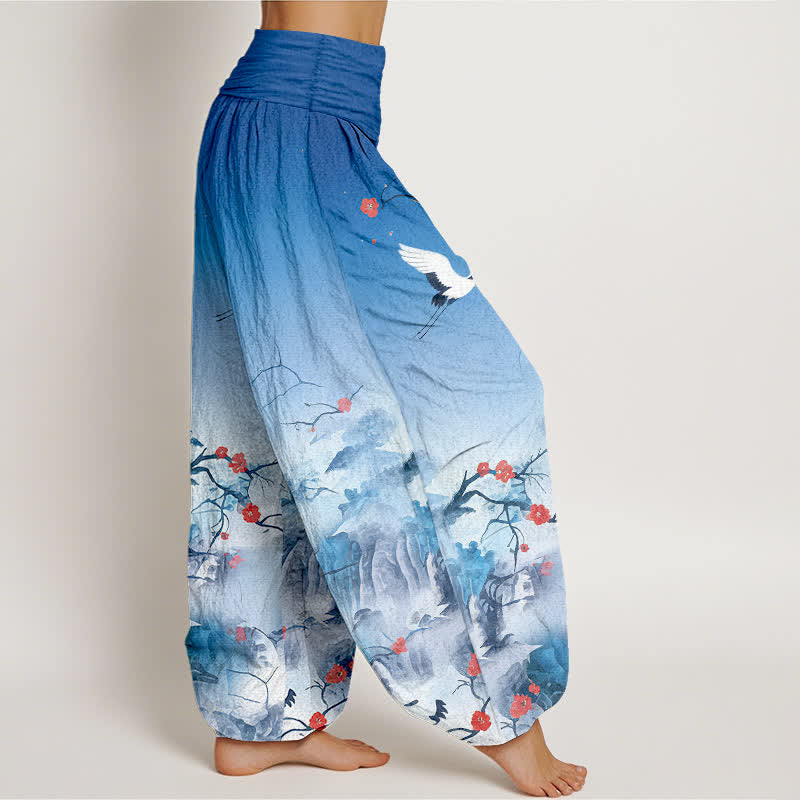 Nimara Ritual Pure Cotton Blue Ombre Crane Blossom Pattern Women's Elastic Waist Harem Pants