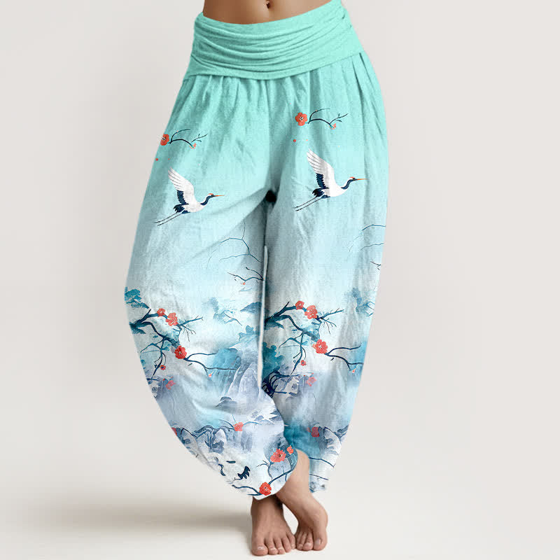 Nimara Ritual Pure Cotton Blue Ombre Crane Blossom Pattern Women's Elastic Waist Harem Pants