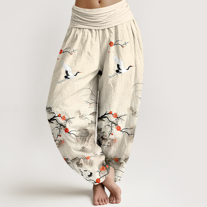 Nimara Ritual Pure Cotton Blue Ombre Crane Blossom Pattern Women's Elastic Waist Harem Pants