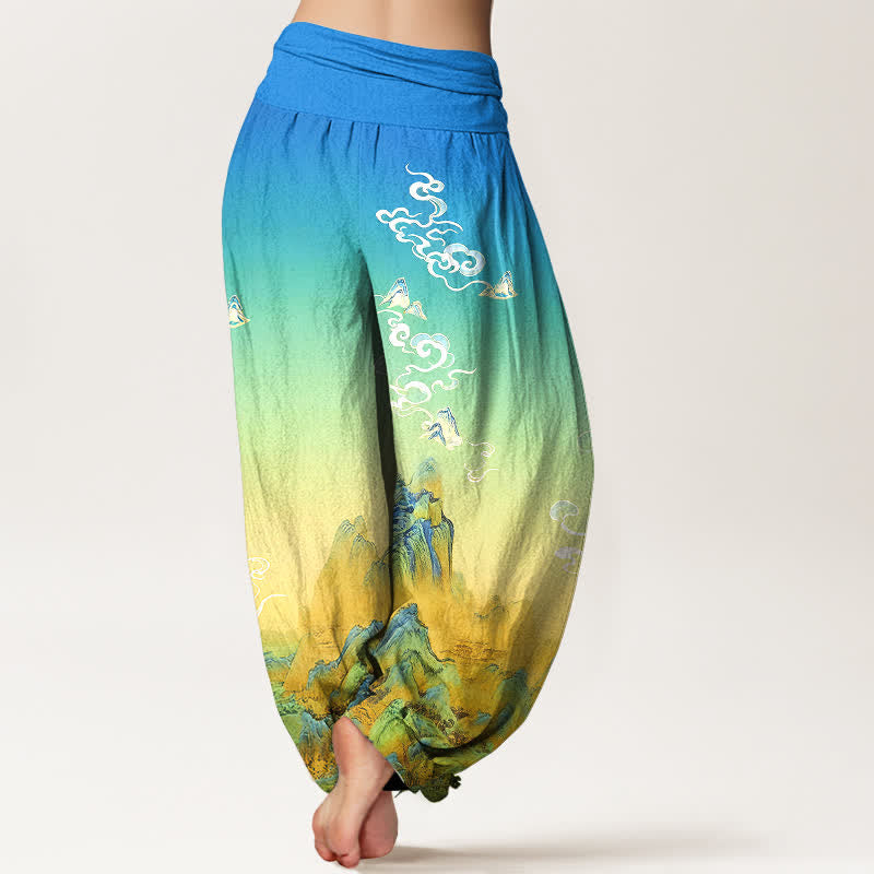 Nimara Ritual Pure Cotton Ink Wash Mountain Gradient Pattern Women's Elastic Waist Harem Pants