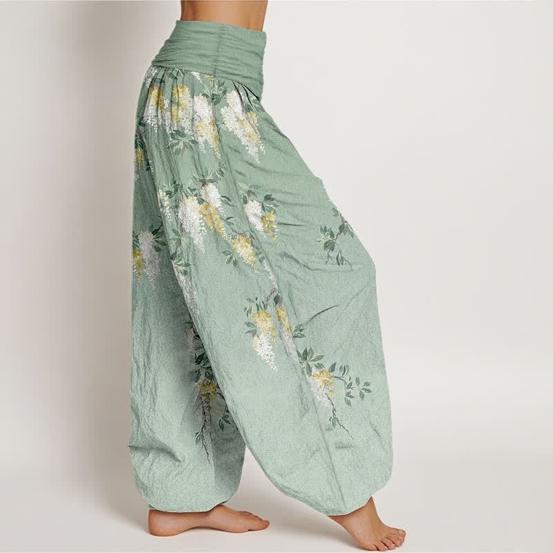 Nimara Ritual Pure Cotton White Yellow Blossom Cluster Pattern Women's Elastic Waist Harem Pants