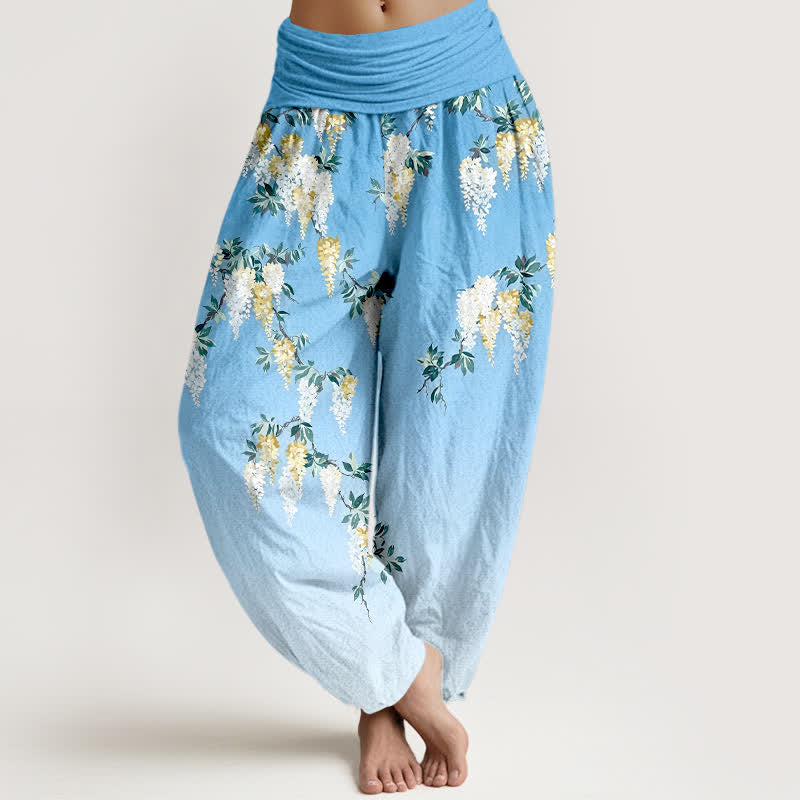 Nimara Ritual Pure Cotton White Yellow Blossom Cluster Pattern Women's Elastic Waist Harem Pants
