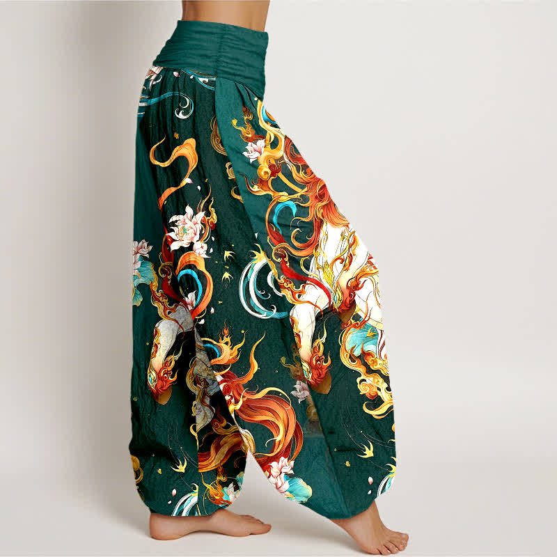 Nimara Ritual Pure Cotton Mythical Phoenix Flame Pattern Women's Elastic Waist Harem Pants