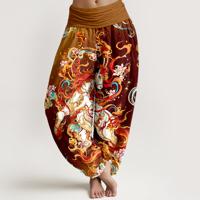 Nimara Ritual Pure Cotton Mythical Phoenix Flame Pattern Women's Elastic Waist Harem Pants