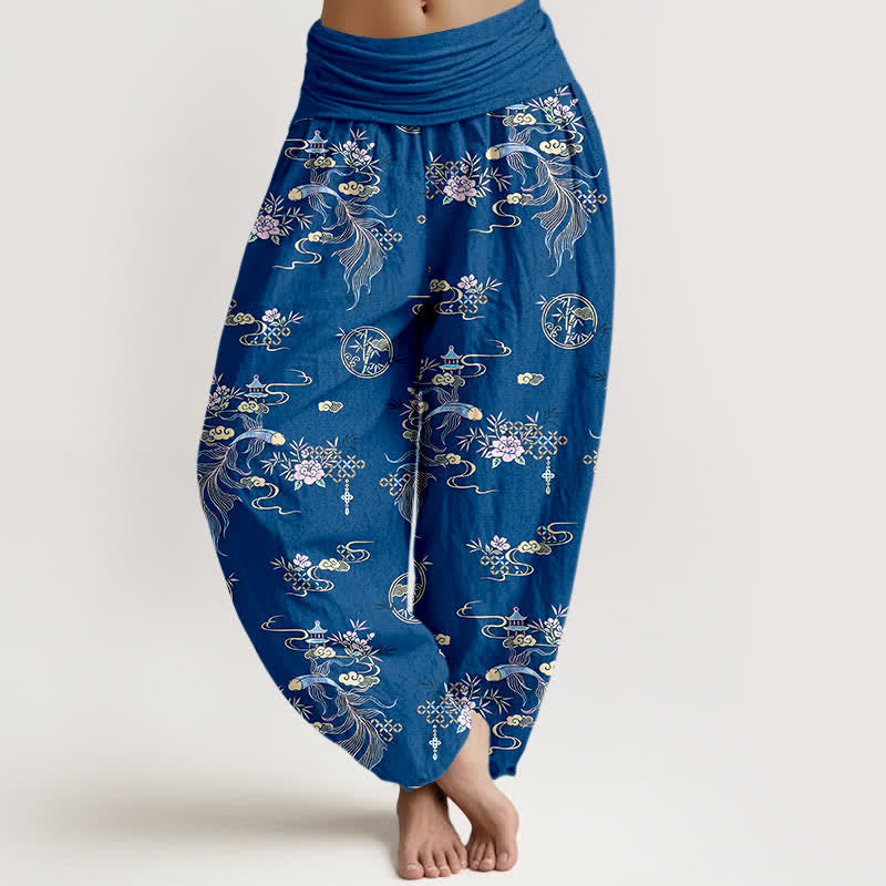 Nimara Ritual Pure Cotton Oriental Cloud Floral Pattern Women's Elastic Waist Harem Pants