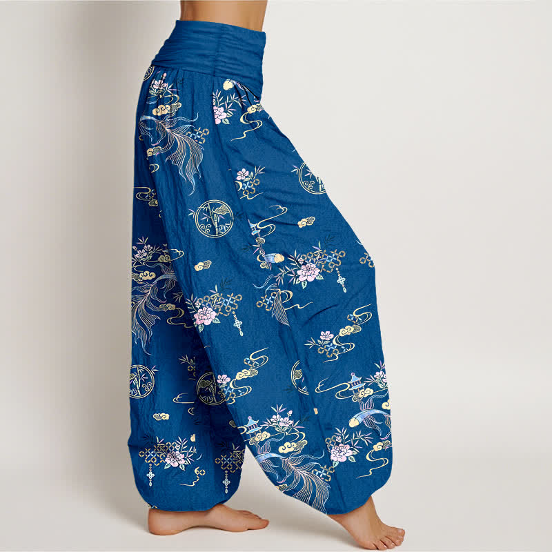 Nimara Ritual Pure Cotton Oriental Cloud Floral Pattern Women's Elastic Waist Harem Pants