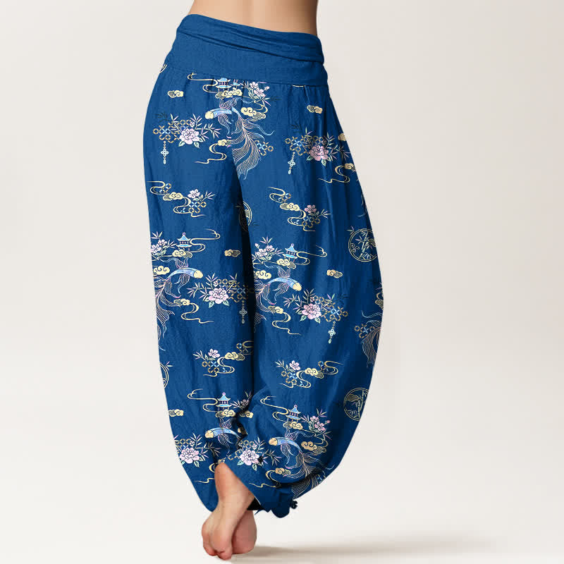 Nimara Ritual Pure Cotton Oriental Cloud Floral Pattern Women's Elastic Waist Harem Pants