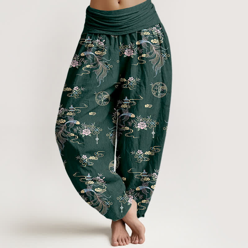 Nimara Ritual Pure Cotton Oriental Cloud Floral Pattern Women's Elastic Waist Harem Pants
