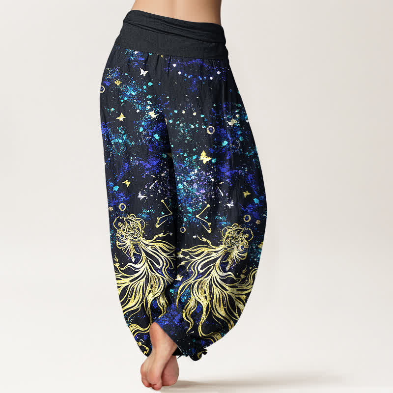 Nimara Ritual Pure Cotton Celestial Galaxy Butterfly Pattern Women's Elastic Waist Harem Pants