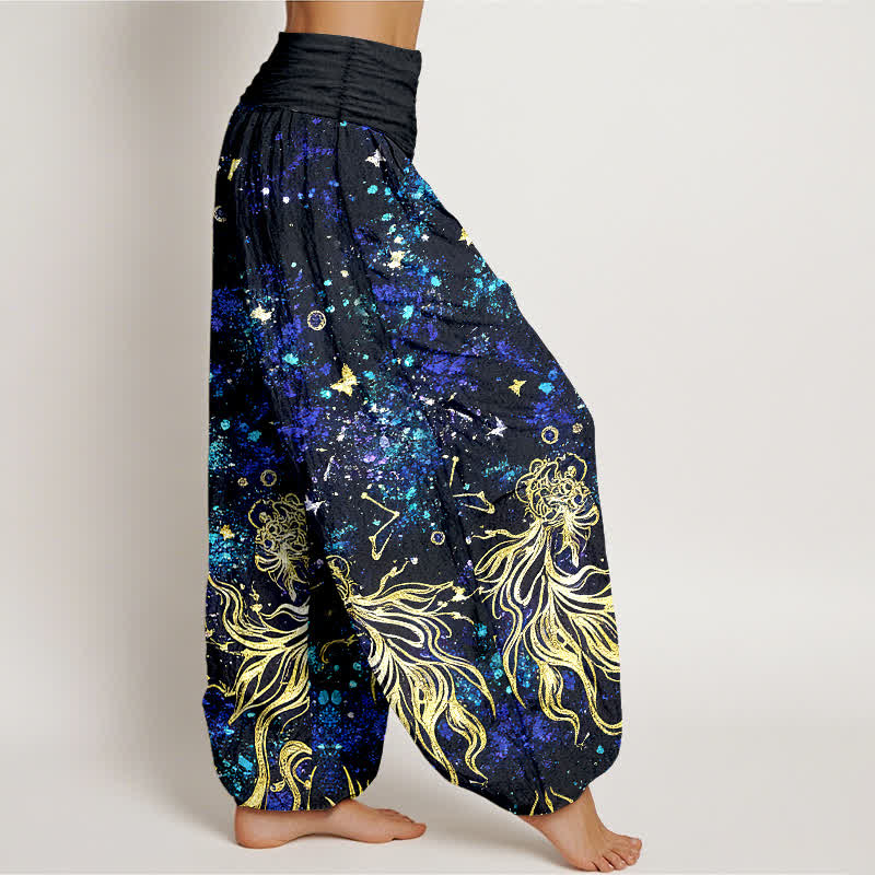 Nimara Ritual Pure Cotton Celestial Galaxy Butterfly Pattern Women's Elastic Waist Harem Pants